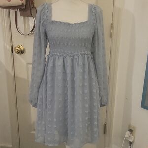 Light Blue Smocked Long Sleeve Dress